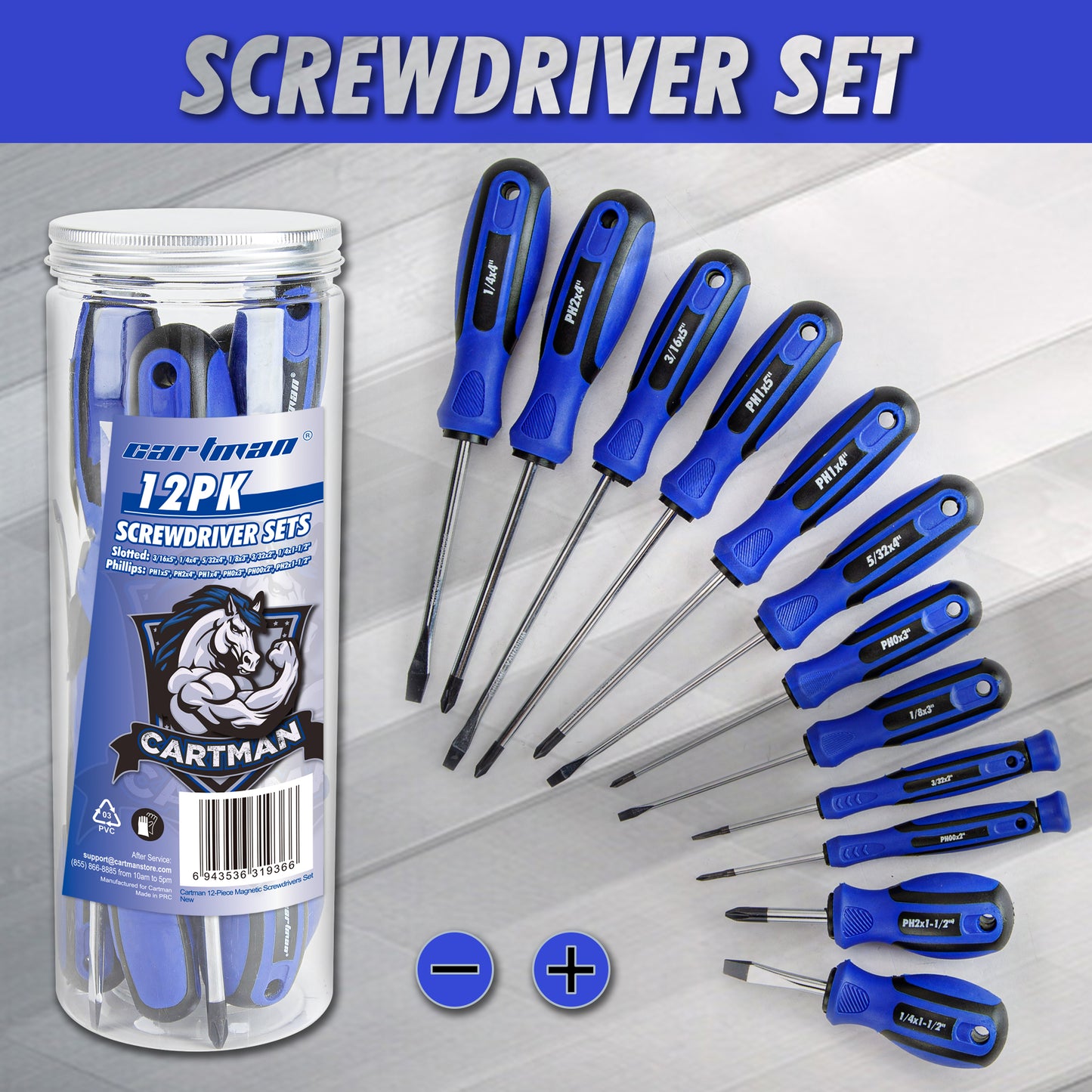 CARTMAN 12 Piece Magnetic Screwdriver Set - 6 Phillips and 6 Flat, Professional Cushion Grip Hand Tools Set