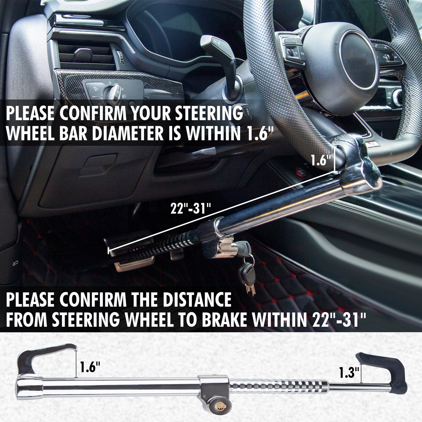 CARTMAN Steering Wheel Lock Bar Heavy Duty Anti Theft Security Brake Pedal Lock with Adjustable Length 3 Keys Included Silver