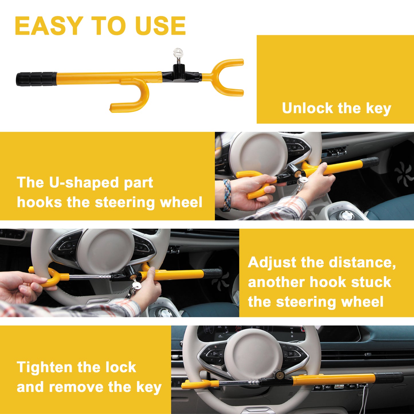 CARTMAN Vehicle Steering Wheel Lock Car Anti Theft Security Lock with Adjustable Length Fit for Cars Trucks Vans and SUVs