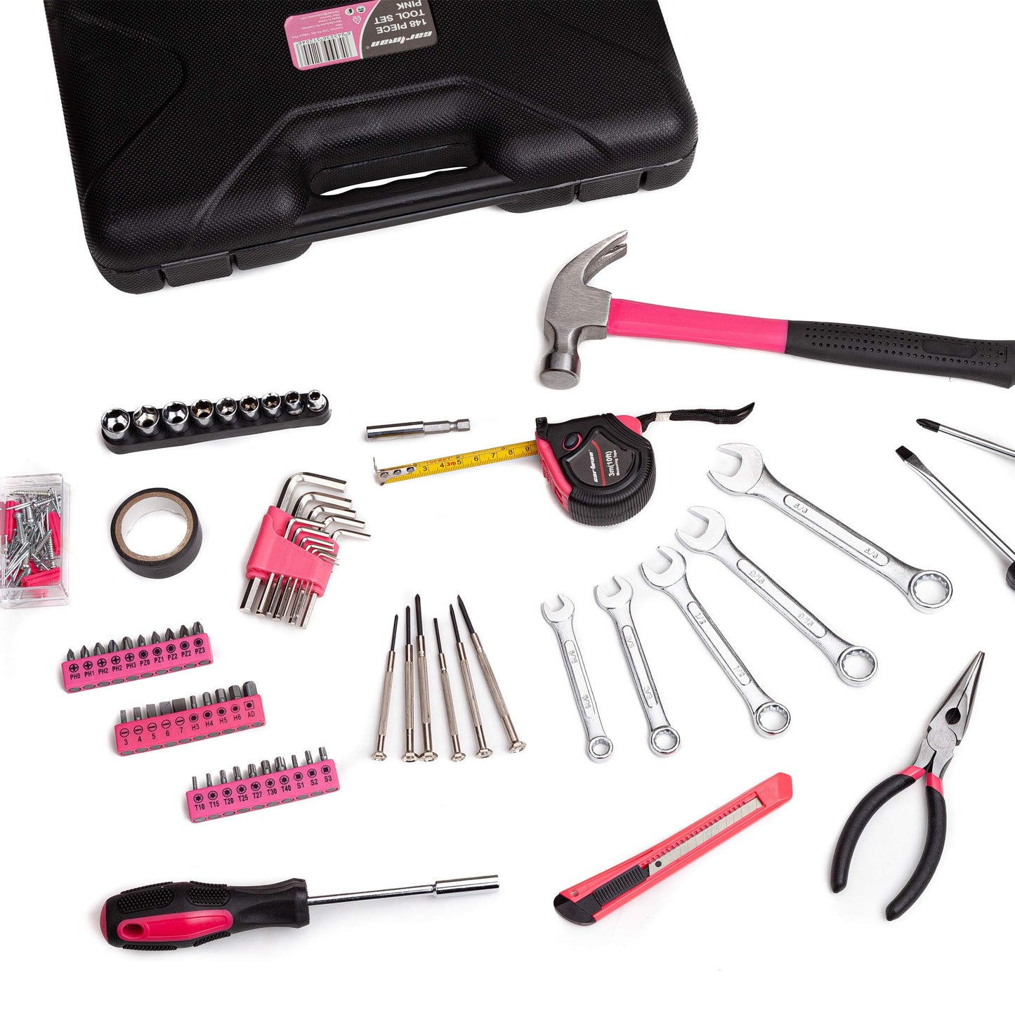 Cartman 148Piece Tool Set General Household Hand Tool Kit with Plastic Toolbox Storage Case Pink