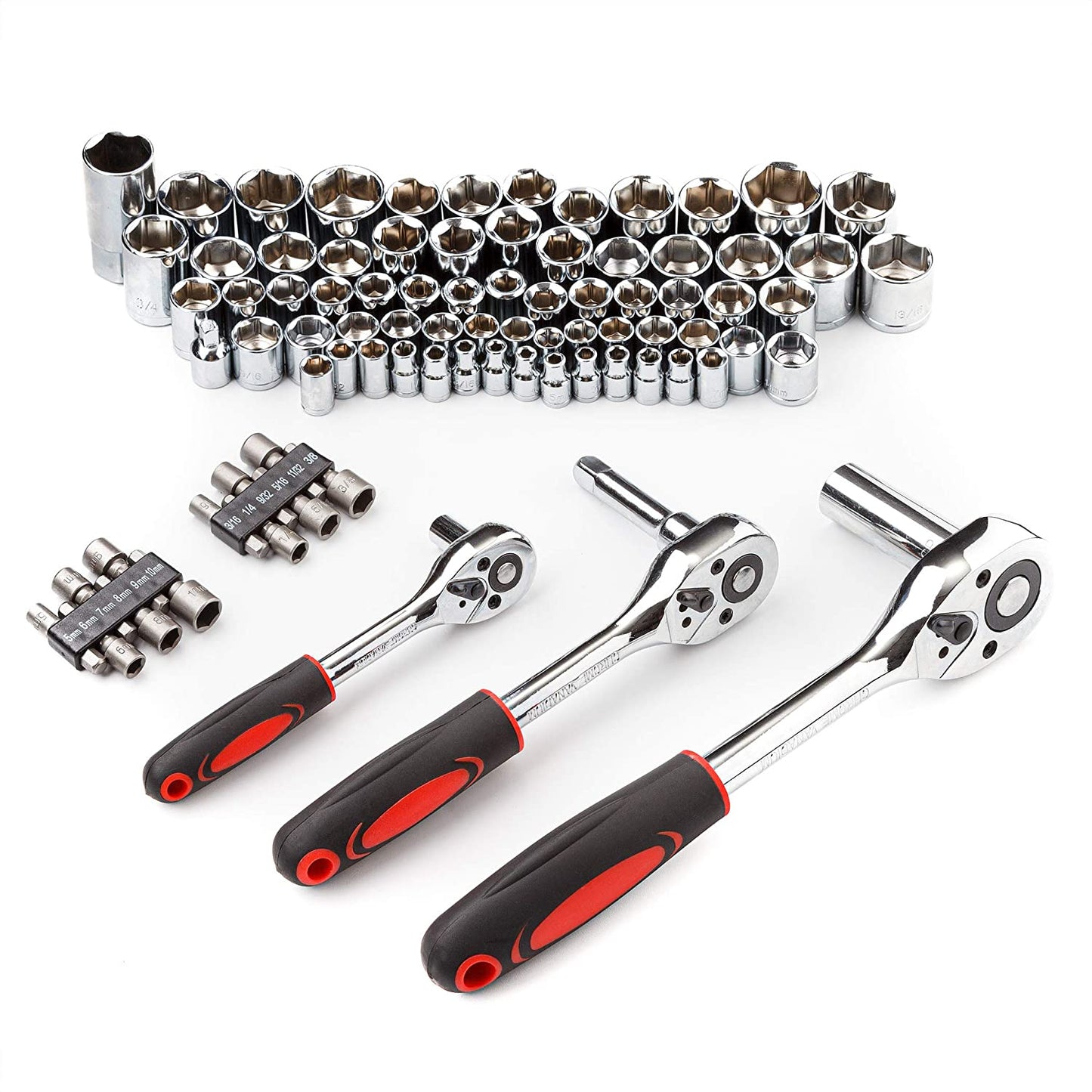 Cartman Tool Set 205Pcs Red Ratchet Wrench with Sockets Kit Set in Plastic Toolbox