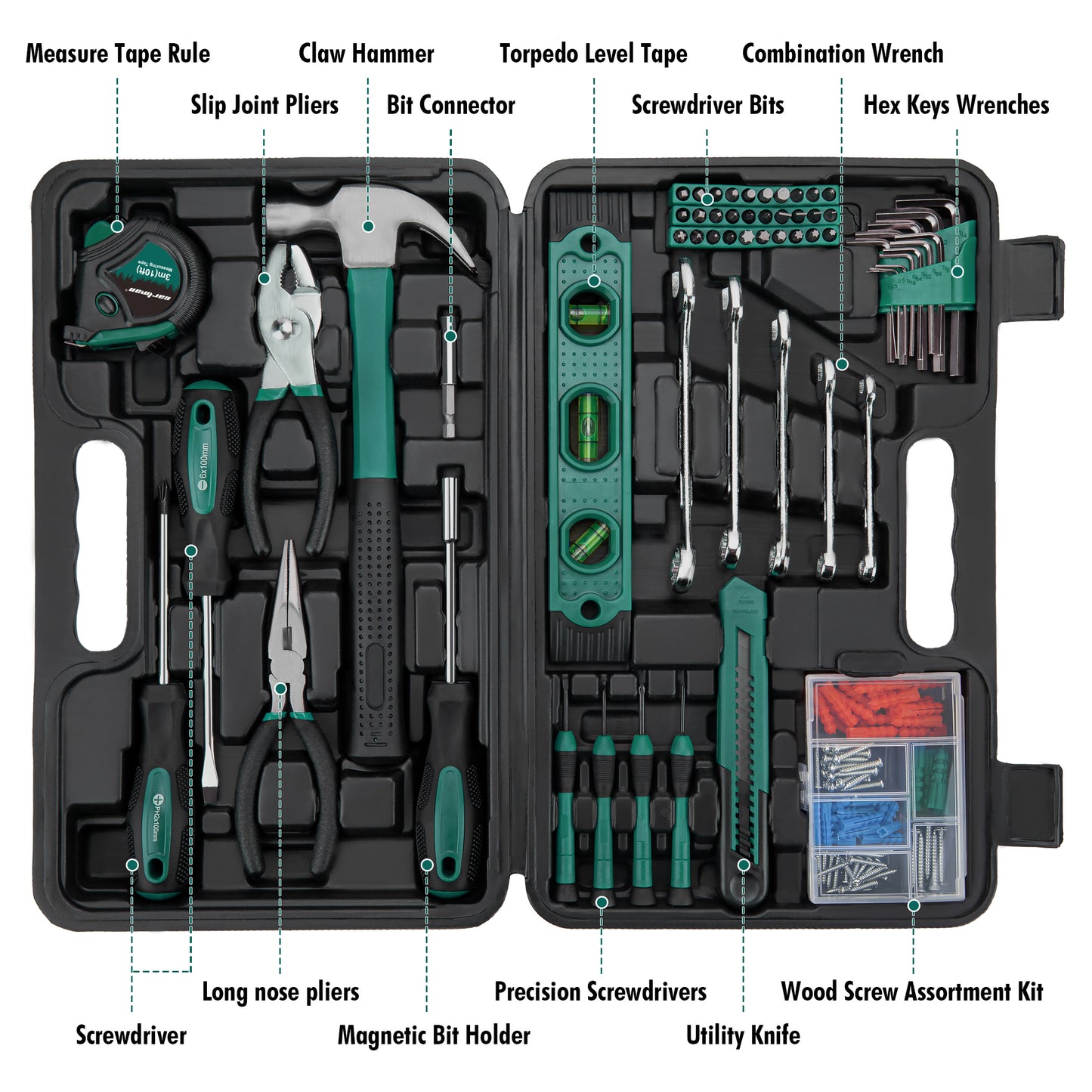 CARTMAN 152-Piece Basic Household Hand Tool Set,with Toolbox Storage Case, All Purpose Home Tool Kit Includes Essential Tools for Office College Repairs Green