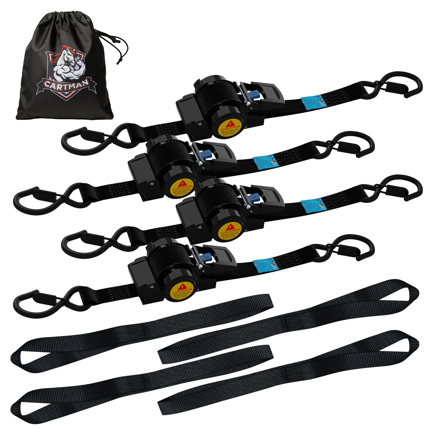 CARTMAN Retractable Ratchet Straps 1" x11.5' - Heavy Duty Auto Retracting Tie Down Straps, 1500lbs Break Strength, 4 Pack with Loops & Storage Bag, Self Retracting for Easy and Secure Load Transport
