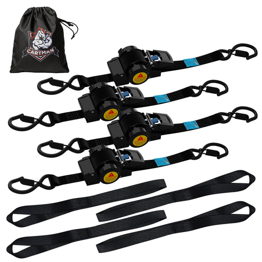 CARTMAN Retractable Ratchet Straps 1" x11.5' - Heavy Duty Auto Retracting Tie Down Straps, 1500lbs Break Strength, 4 Pack with Loops & Storage Bag, Self Retracting for Easy and Secure Load Transport