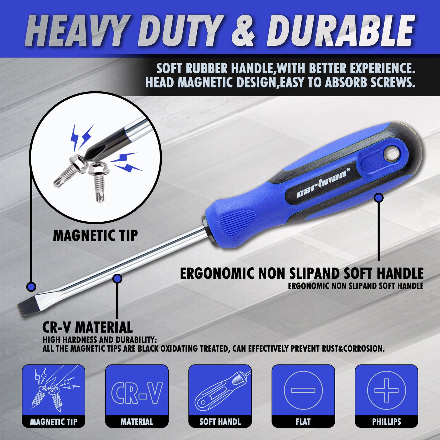 CARTMAN 12 Piece Magnetic Screwdriver Set - 6 Phillips and 6 Flat, Professional Cushion Grip Hand Tools Set