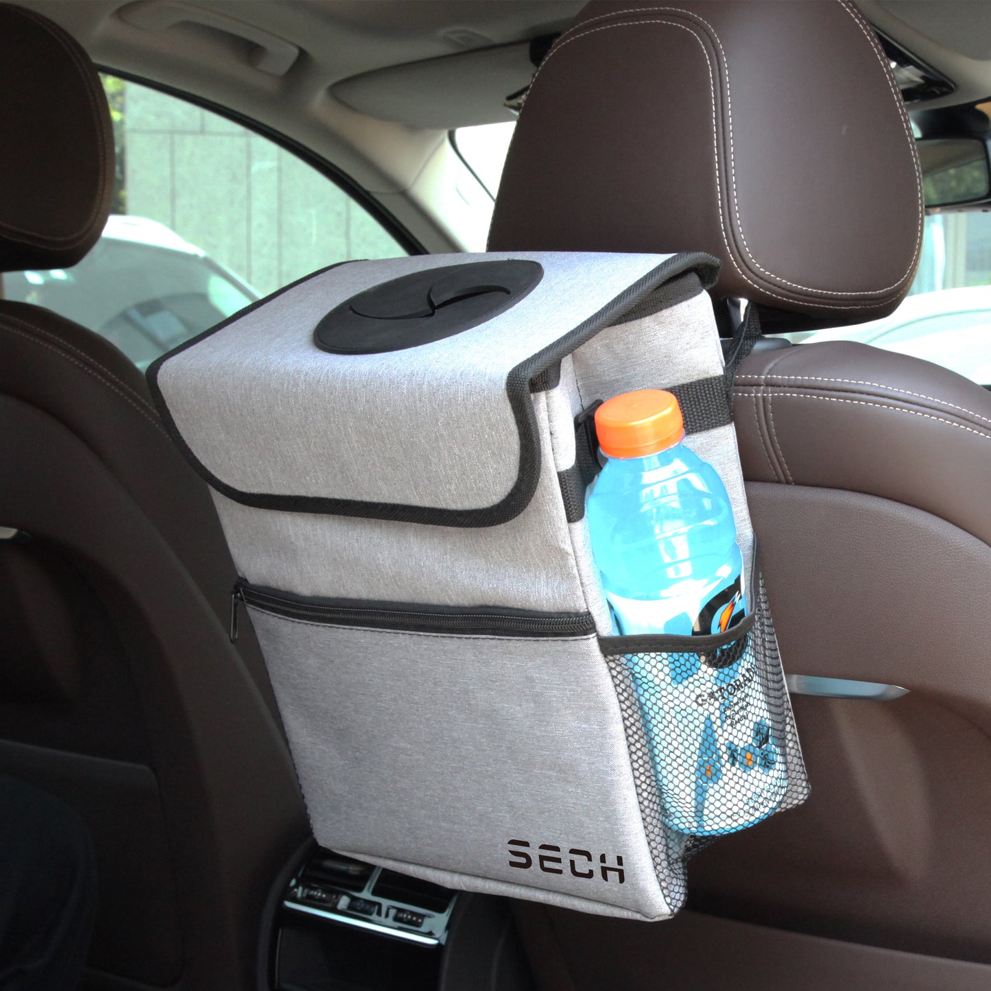SECH Car Trash Can with Lid, Leak-Proof Car Garbage Can with Storage Pockets, Waterproof Auto Garbage Bag