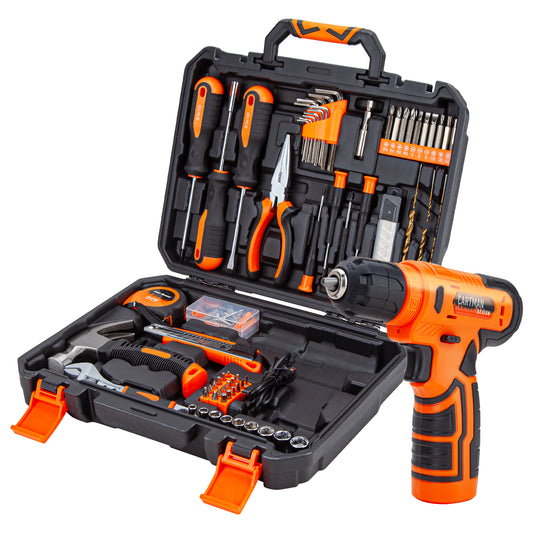 CARTMAN 150-Piece Household Tool Set  with 8V Cordless Drill Driver Kit, Complete Hand Tool Set for Home Maintenance, DIY Projects, Orange