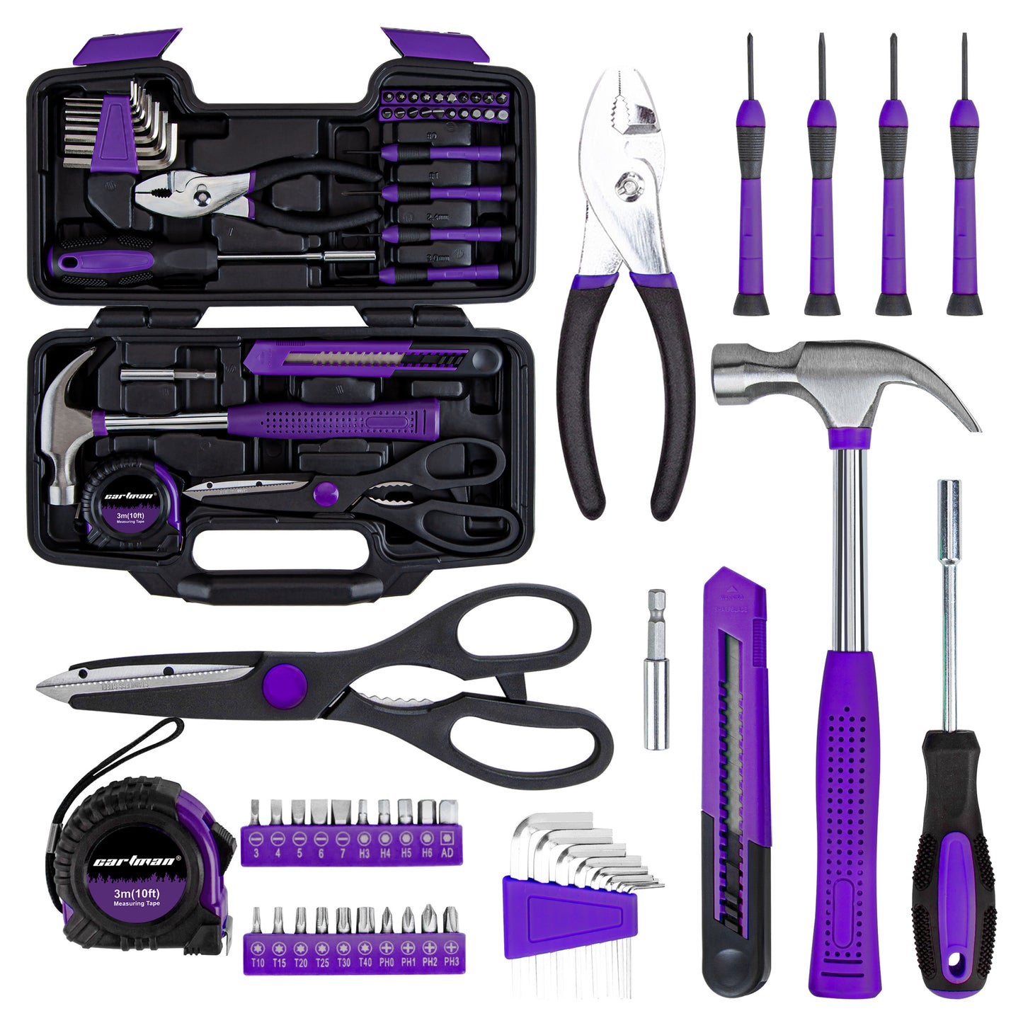 CARTMAN 39-Piece Home Tool Set Kit, Essential Household Hand Tools with Plastic Storage Case, Purple