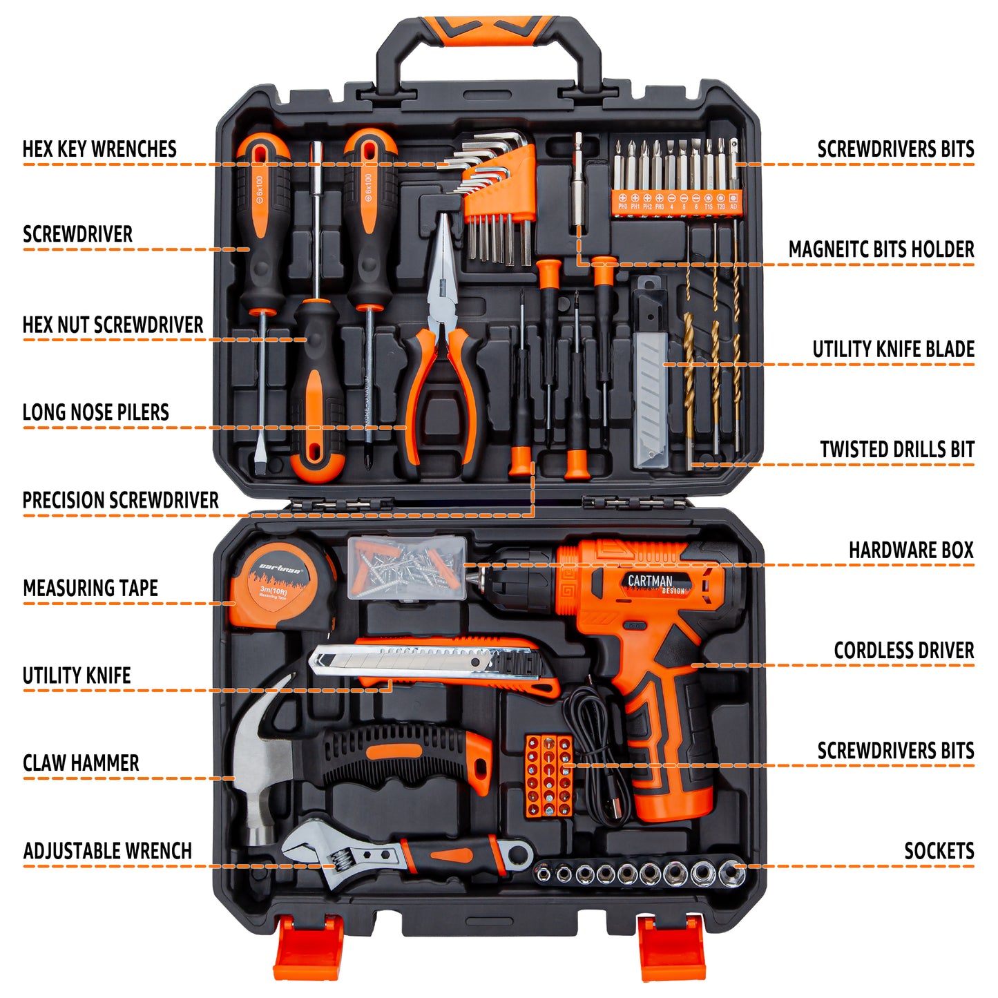 CARTMAN 150-Piece Household Tool Set  with 8V Cordless Drill Driver Kit, Complete Hand Tool Set for Home Maintenance, DIY Projects, Orange