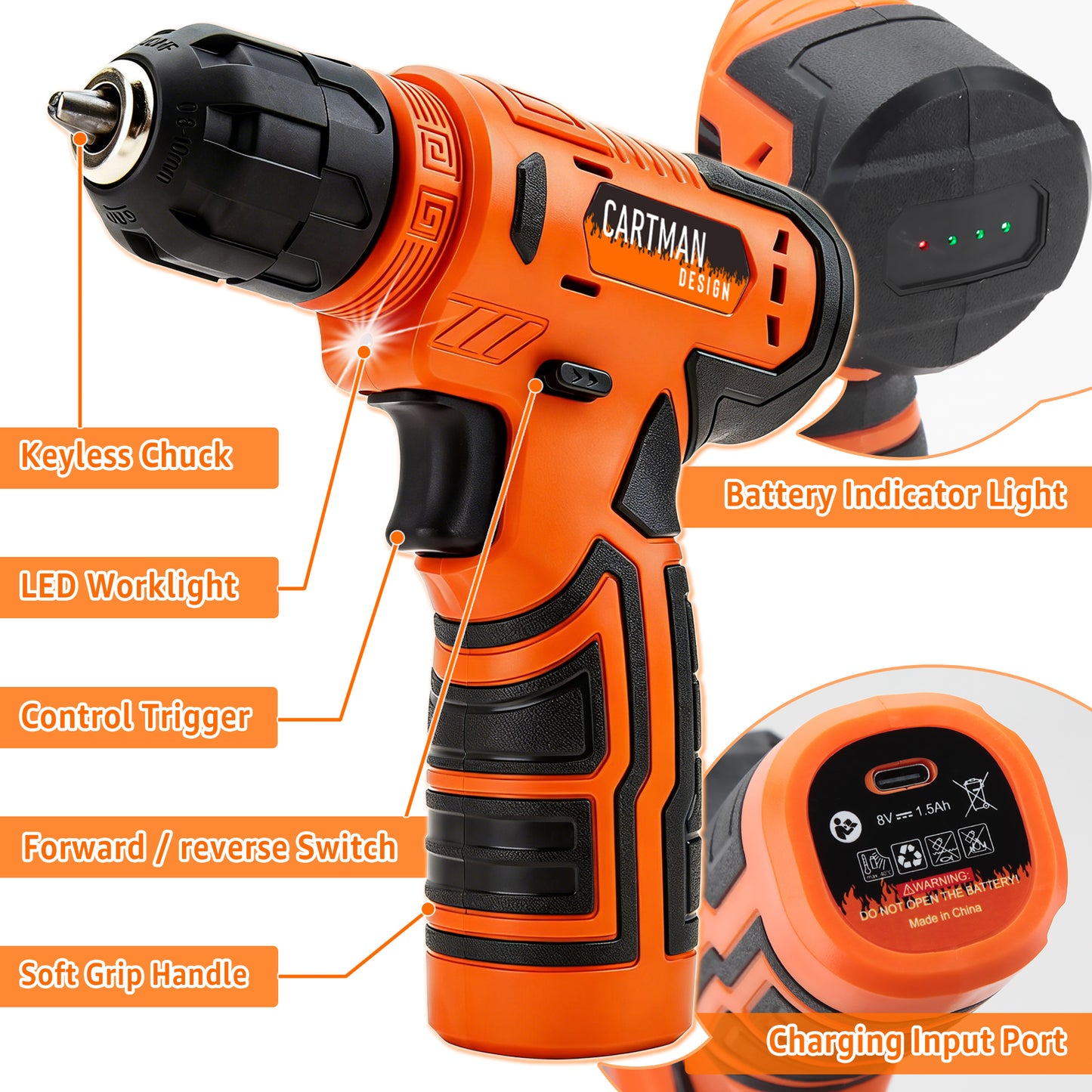 CARTMAN 150-Piece Household Tool Set  with 8V Cordless Drill Driver Kit, Complete Hand Tool Set for Home Maintenance, DIY Projects, Orange