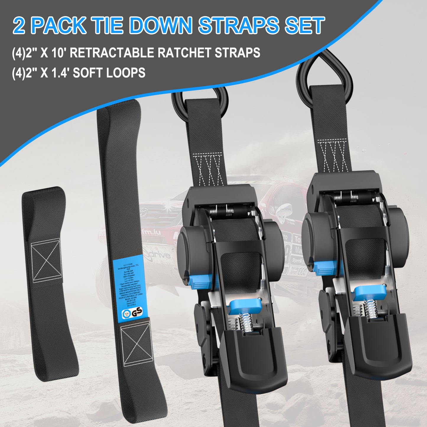 CARTMAN 2-Pack Retractable Ratchet Straps, 2” x 10’ 3000lbs Break Strength, Heavy Duty Tie Down Straps with Soft Loops, Ideal for Trucks, Trailers & Cargo