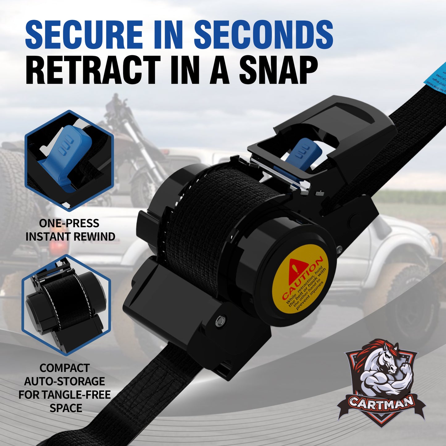 CARTMAN Retractable Ratchet Straps 1" x11.5' - Heavy Duty Auto Retracting Tie Down Straps, 1500lbs Break Strength, 4 Pack with Loops & Storage Bag, Self Retracting for Easy and Secure Load Transport