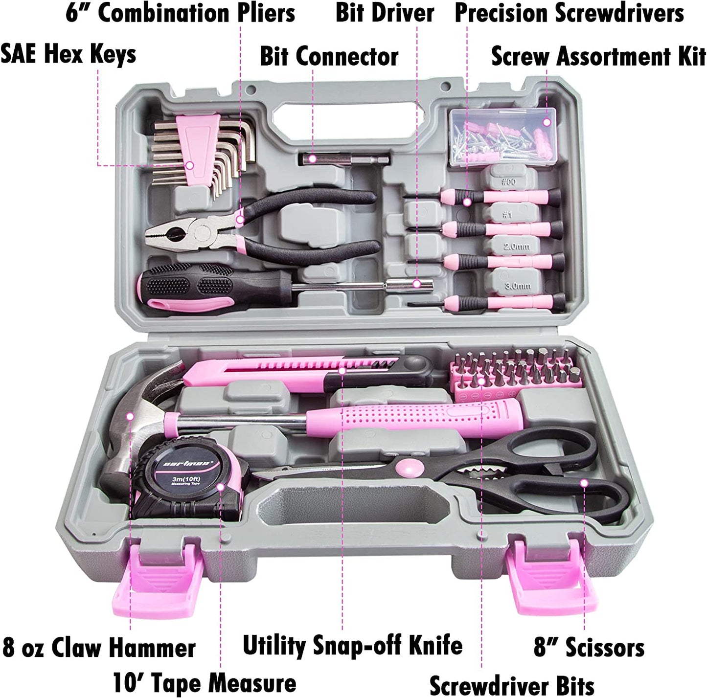 126 Piece Tool Set General Household Hand Tool Kit with Plastic Toolbox Storage Case Pink