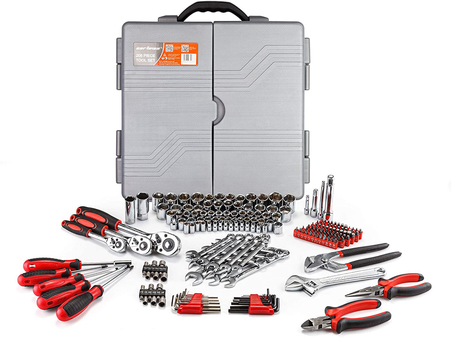 Cartman Tool Set 205Pcs Red Ratchet Wrench with Sockets Kit Set in Plastic Toolbox